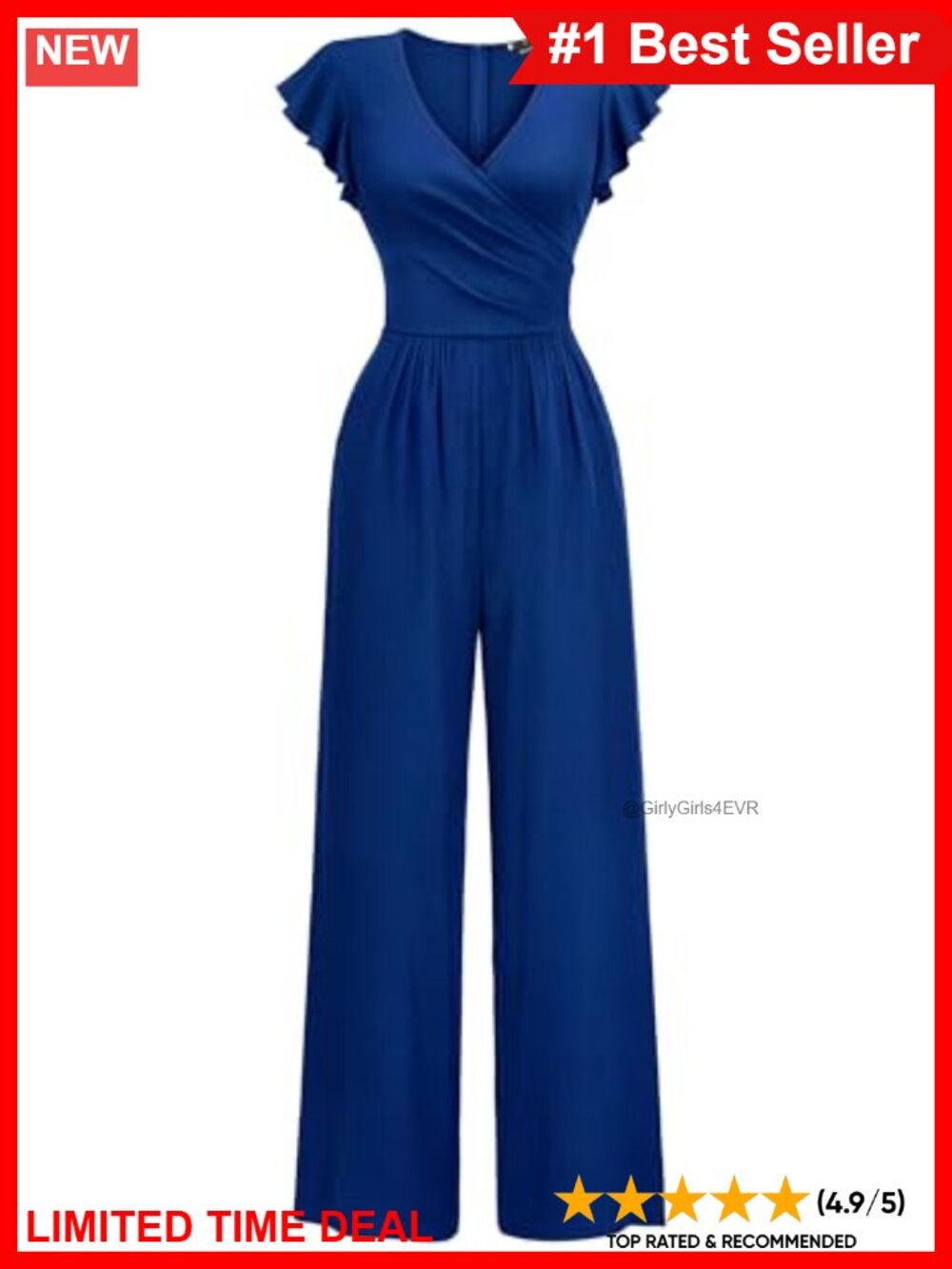 Women's Ribbed Knit Deep-V Ruffle Sleeve Jumpsuit with Pockets